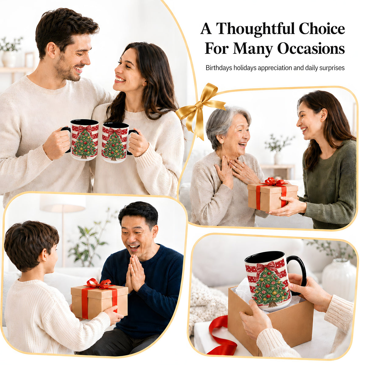 #pl[15oz|Black] Vintage Christmas Tree Ceramic Mug, Red Stripe Holiday Design