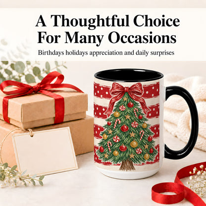 #pl[15oz|Black] Vintage Christmas Tree Ceramic Mug, Red Stripe Holiday Design