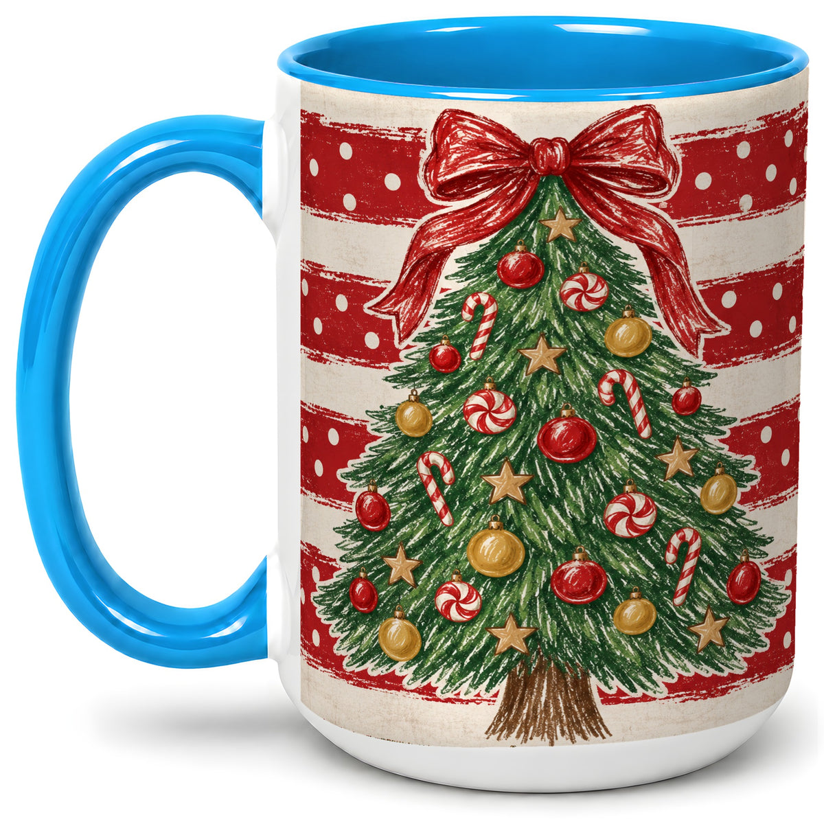 #pl[15oz|Blue] Vintage Christmas Tree Ceramic Mug, Red Stripe Holiday Design