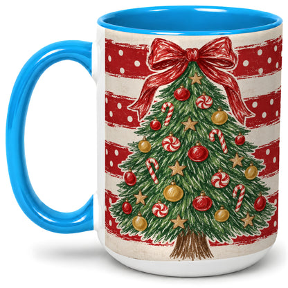 #pl[15oz|Blue] Vintage Christmas Tree Ceramic Mug, Red Stripe Holiday Design