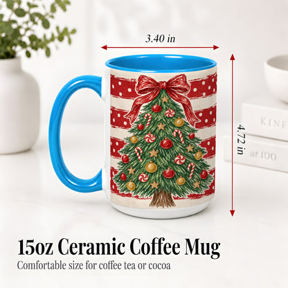 #pl[15oz|Blue] Vintage Christmas Tree Ceramic Mug, Red Stripe Holiday Design