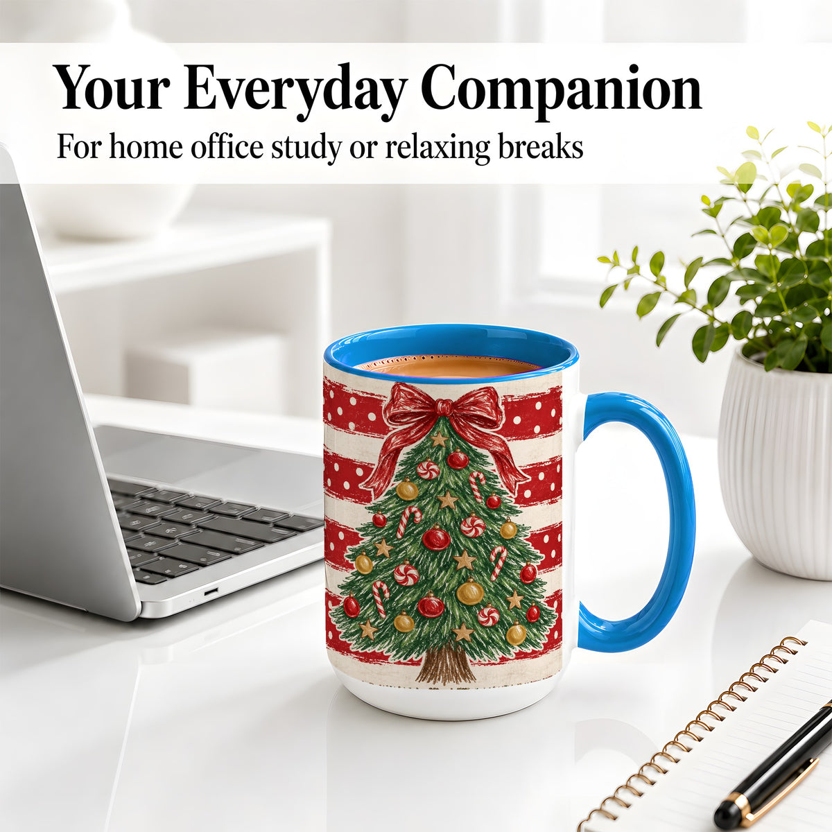 #pl[15oz|Blue] Vintage Christmas Tree Ceramic Mug, Red Stripe Holiday Design