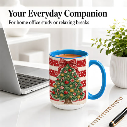 #pl[15oz|Blue] Vintage Christmas Tree Ceramic Mug, Red Stripe Holiday Design