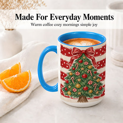 #pl[15oz|Blue] Vintage Christmas Tree Ceramic Mug, Red Stripe Holiday Design