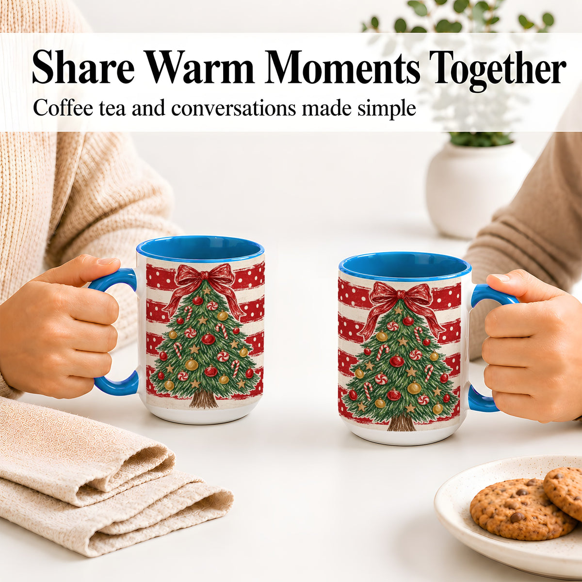 #pl[15oz|Blue] Vintage Christmas Tree Ceramic Mug, Red Stripe Holiday Design