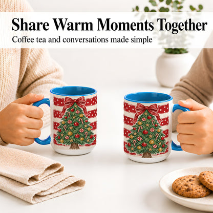 #pl[15oz|Blue] Vintage Christmas Tree Ceramic Mug, Red Stripe Holiday Design