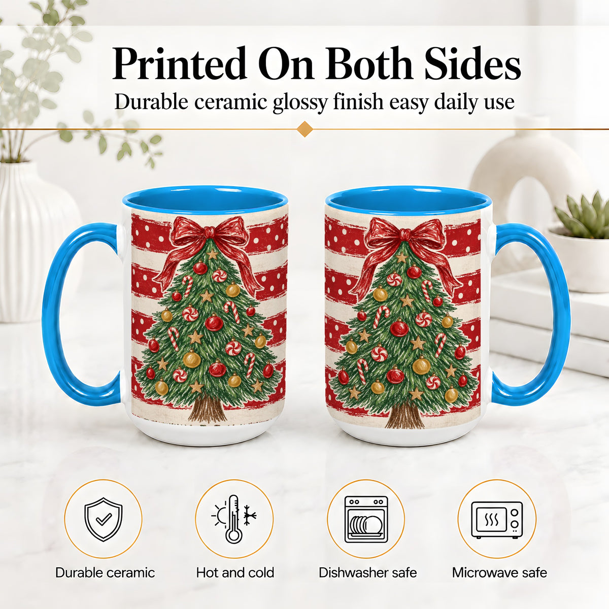 #pl[15oz|Blue] Vintage Christmas Tree Ceramic Mug, Red Stripe Holiday Design