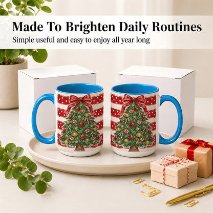 #pl[15oz|Blue] Vintage Christmas Tree Ceramic Mug, Red Stripe Holiday Design