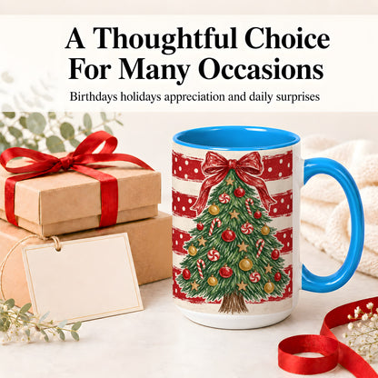 #pl[15oz|Blue] Vintage Christmas Tree Ceramic Mug, Red Stripe Holiday Design