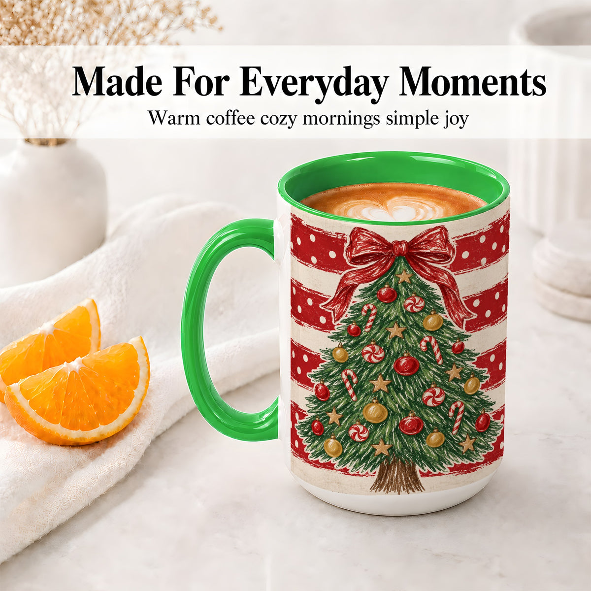 #pl[15oz|Green] Vintage Christmas Tree Ceramic Mug, Red Stripe Holiday Design