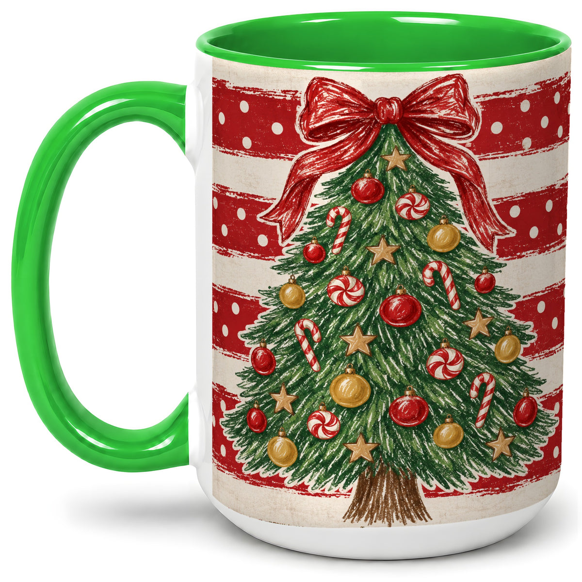 #pl[15oz|Green] Vintage Christmas Tree Ceramic Mug, Red Stripe Holiday Design