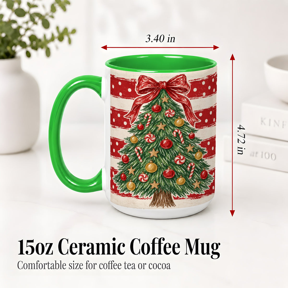 #pl[15oz|Green] Vintage Christmas Tree Ceramic Mug, Red Stripe Holiday Design