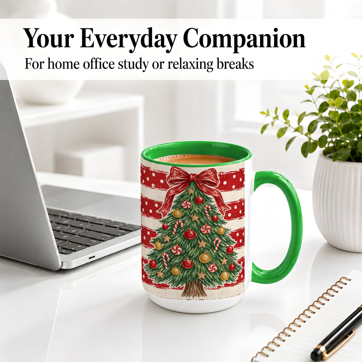 #pl[15oz|Green] Vintage Christmas Tree Ceramic Mug, Red Stripe Holiday Design