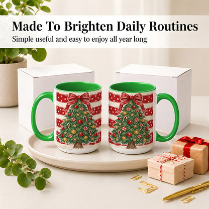 #pl[15oz|Green] Vintage Christmas Tree Ceramic Mug, Red Stripe Holiday Design