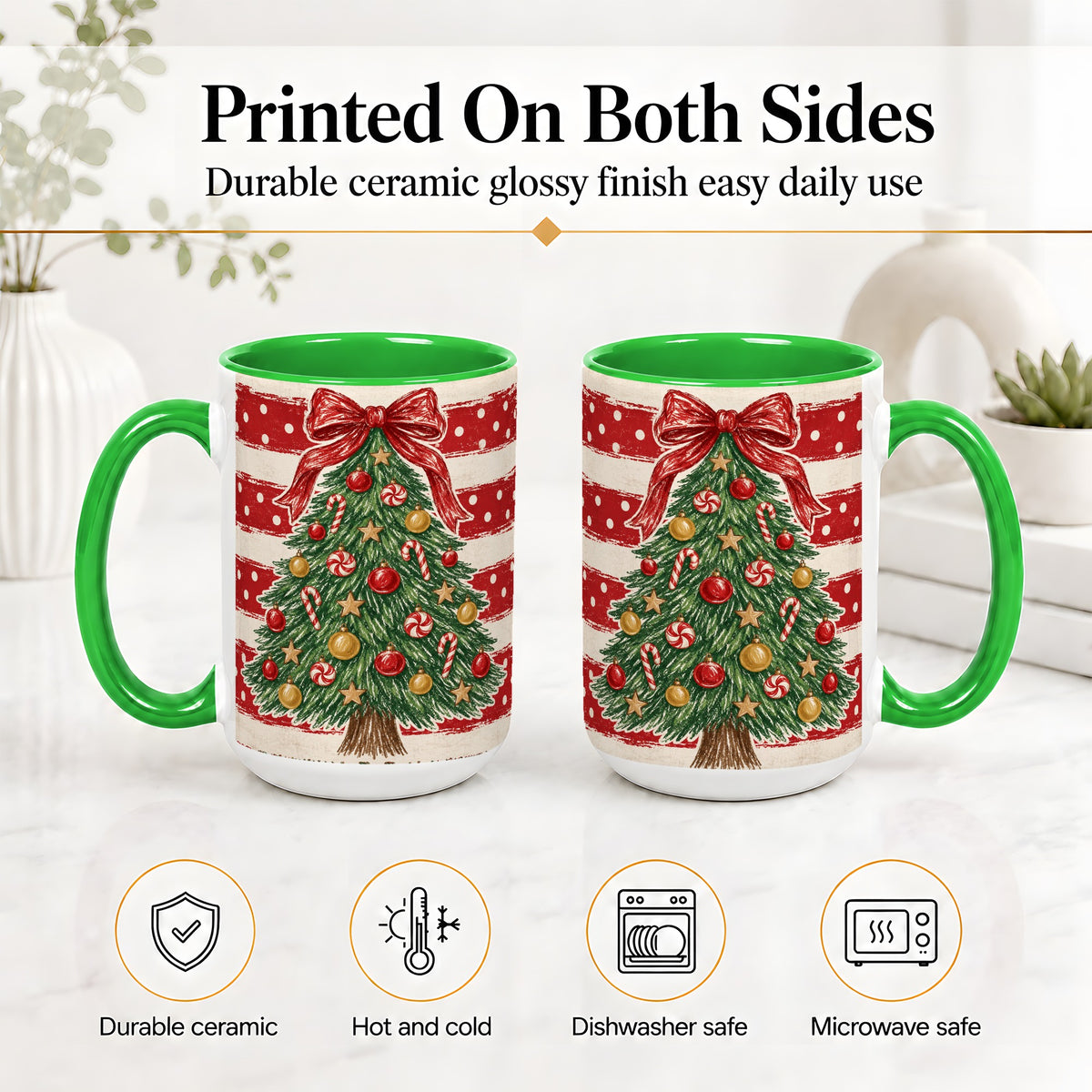 #pl[15oz|Green] Vintage Christmas Tree Ceramic Mug, Red Stripe Holiday Design