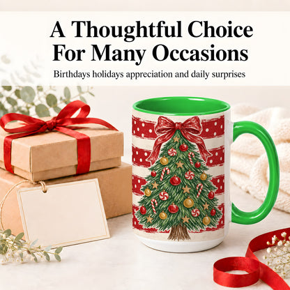 #pl[15oz|Green] Vintage Christmas Tree Ceramic Mug, Red Stripe Holiday Design