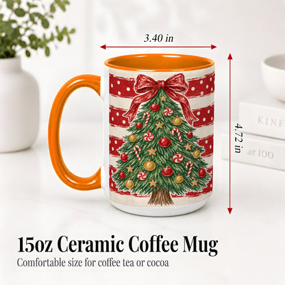 #pl[15oz|Orange] Vintage Christmas Tree Ceramic Mug, Red Stripe Holiday Design