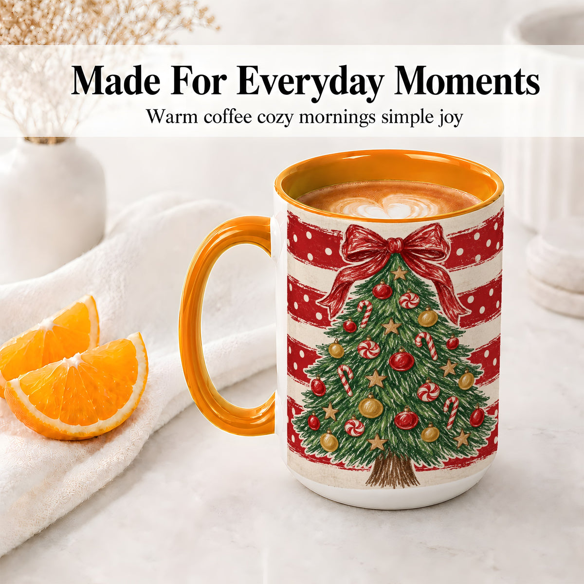 #pl[15oz|Orange] Vintage Christmas Tree Ceramic Mug, Red Stripe Holiday Design