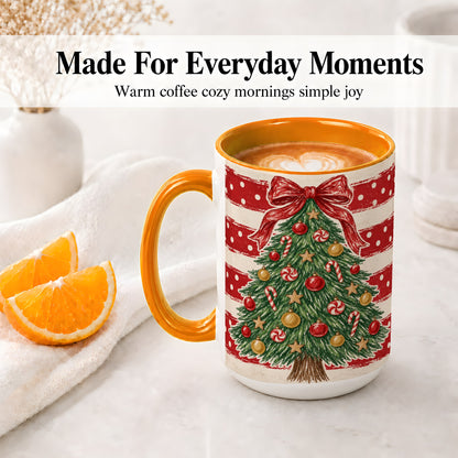 #pl[15oz|Orange] Vintage Christmas Tree Ceramic Mug, Red Stripe Holiday Design
