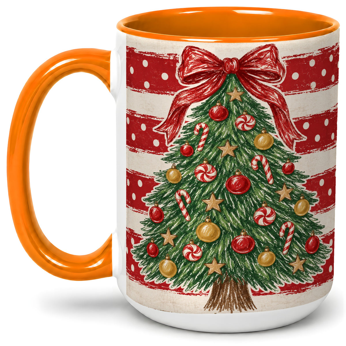 #pl[15oz|Orange] Vintage Christmas Tree Ceramic Mug, Red Stripe Holiday Design