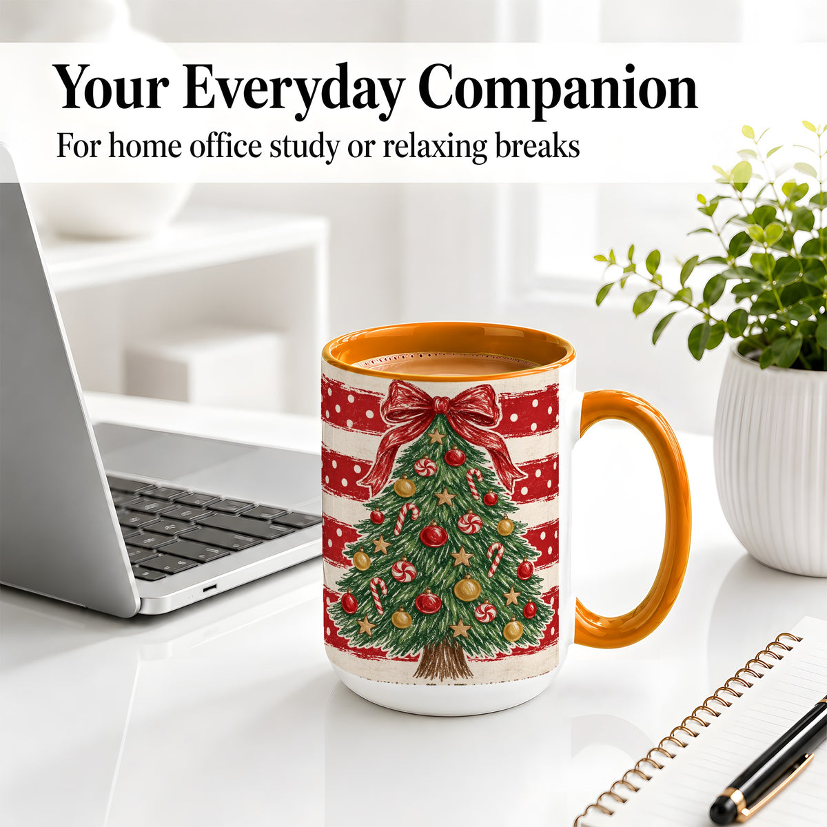 #pl[15oz|Orange] Vintage Christmas Tree Ceramic Mug, Red Stripe Holiday Design