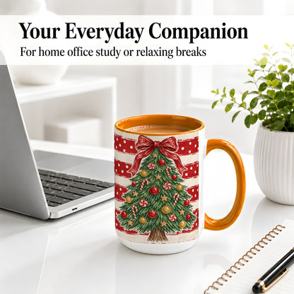 #pl[15oz|Orange] Vintage Christmas Tree Ceramic Mug, Red Stripe Holiday Design