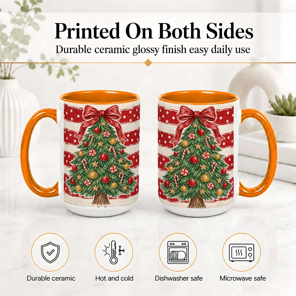 #pl[15oz|Orange] Vintage Christmas Tree Ceramic Mug, Red Stripe Holiday Design