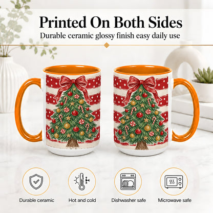 #pl[15oz|Orange] Vintage Christmas Tree Ceramic Mug, Red Stripe Holiday Design