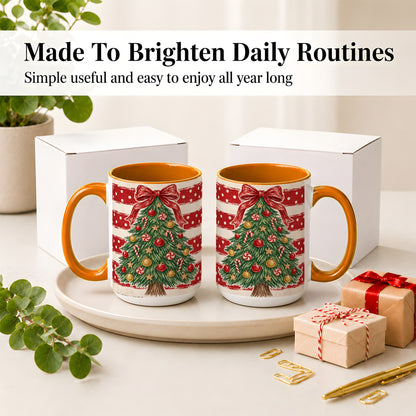 #pl[15oz|Orange] Vintage Christmas Tree Ceramic Mug, Red Stripe Holiday Design