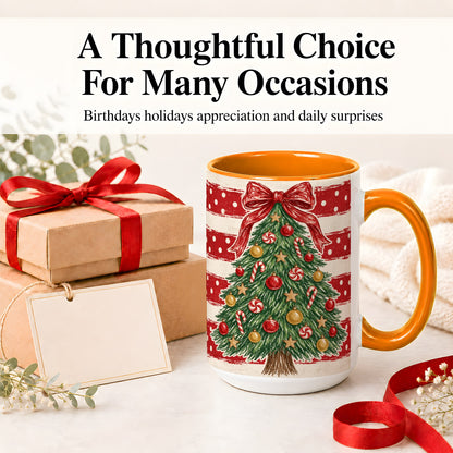 #pl[15oz|Orange] Vintage Christmas Tree Ceramic Mug, Red Stripe Holiday Design