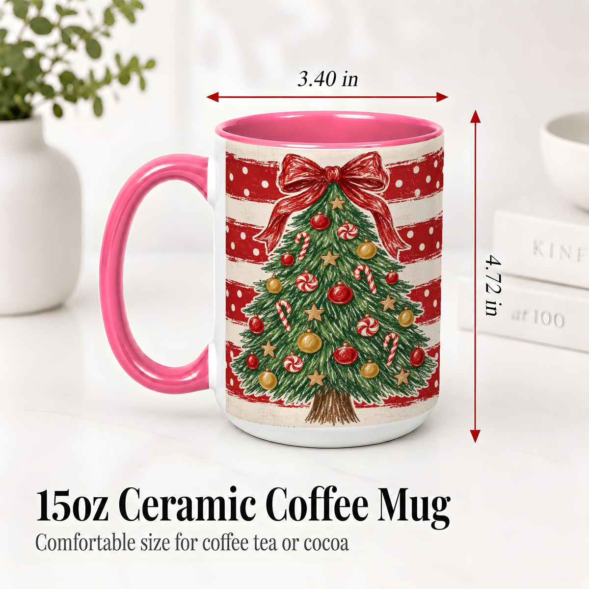 #pl[15oz|Pink] Vintage Christmas Tree Ceramic Mug, Red Stripe Holiday Design