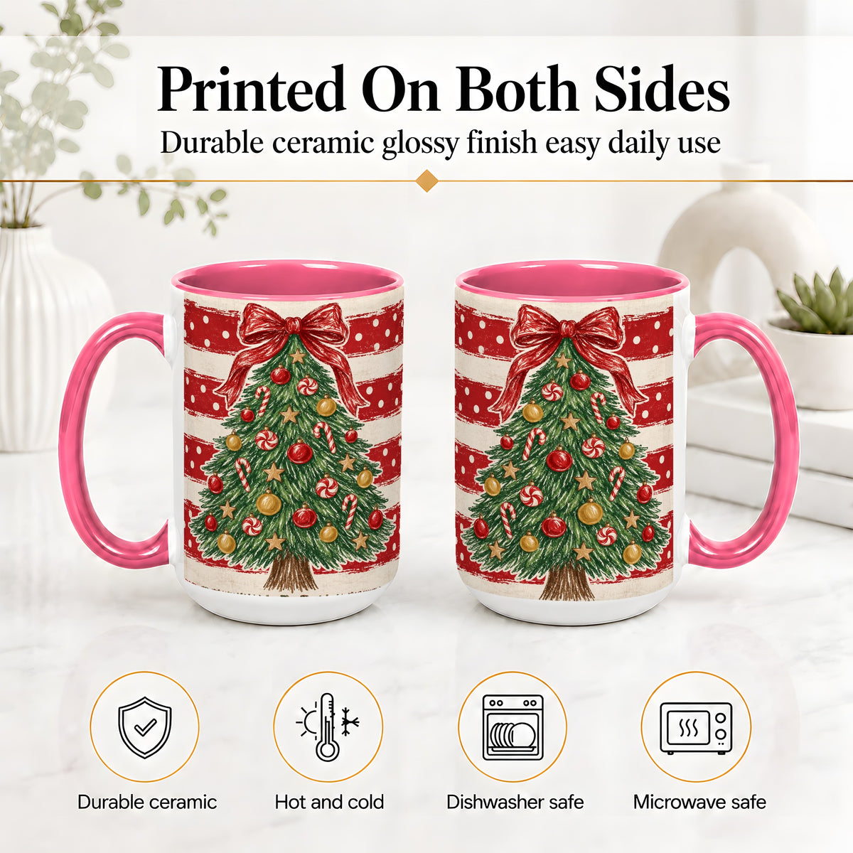 #pl[15oz|Pink] Vintage Christmas Tree Ceramic Mug, Red Stripe Holiday Design