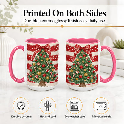 #pl[15oz|Pink] Vintage Christmas Tree Ceramic Mug, Red Stripe Holiday Design