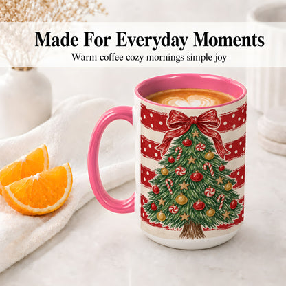 #pl[15oz|Pink] Vintage Christmas Tree Ceramic Mug, Red Stripe Holiday Design