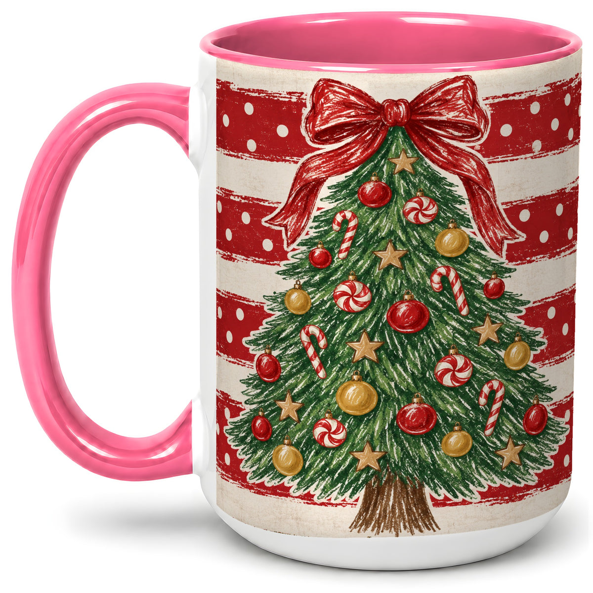 #pl[15oz|Pink] Vintage Christmas Tree Ceramic Mug, Red Stripe Holiday Design