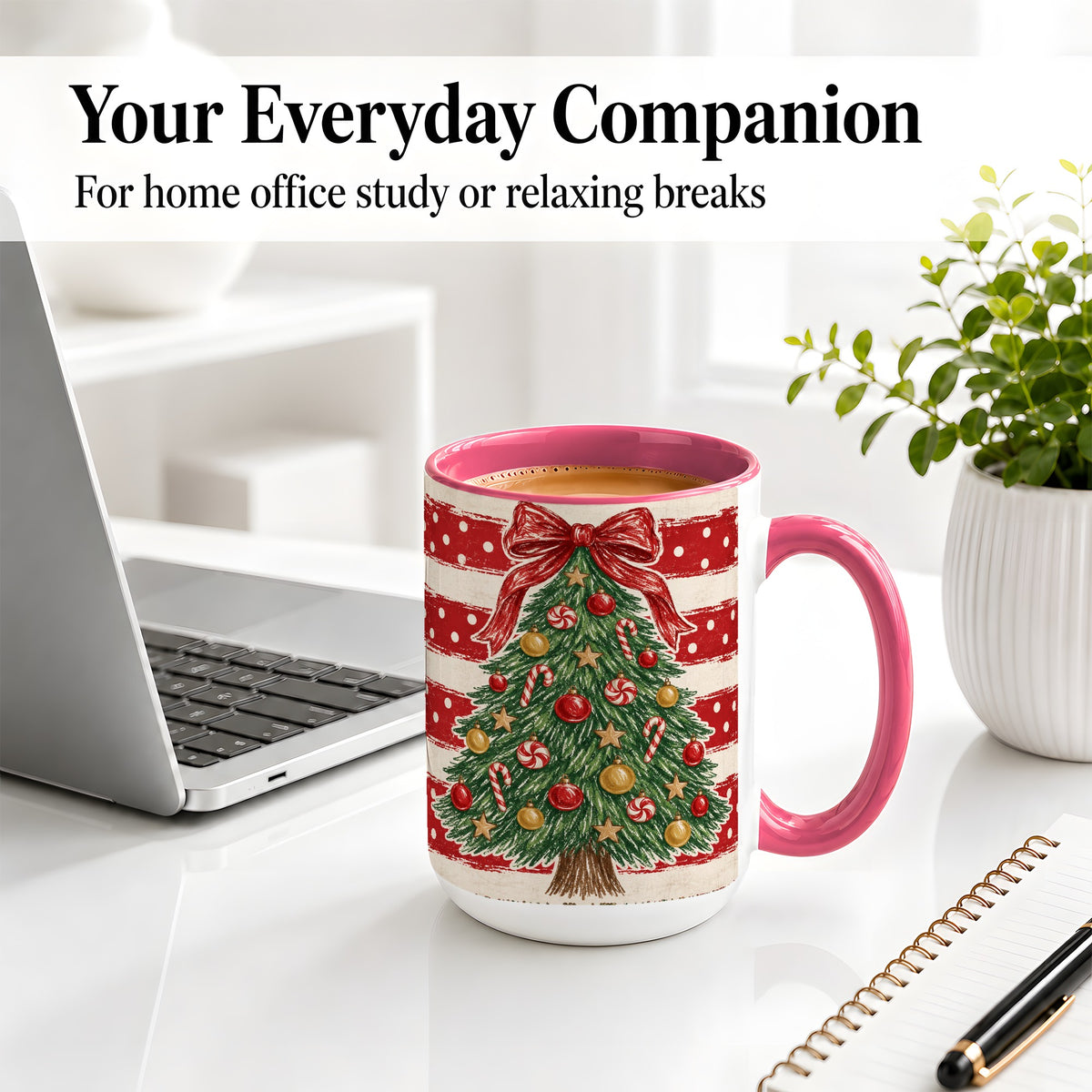 #pl[15oz|Pink] Vintage Christmas Tree Ceramic Mug, Red Stripe Holiday Design