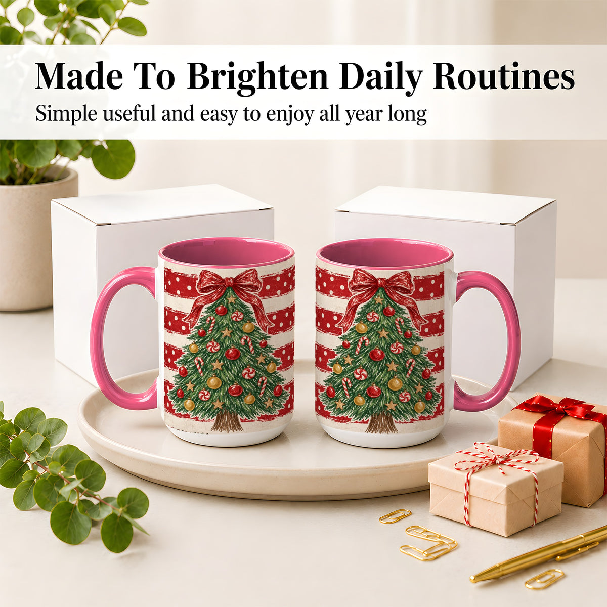 #pl[15oz|Pink] Vintage Christmas Tree Ceramic Mug, Red Stripe Holiday Design