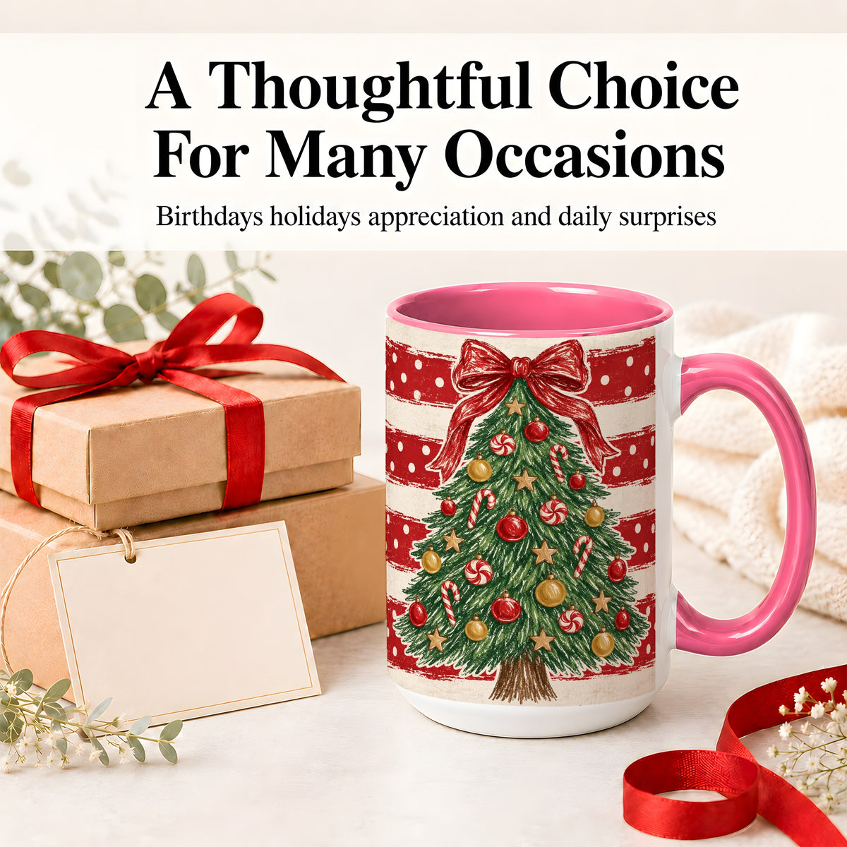 #pl[15oz|Pink] Vintage Christmas Tree Ceramic Mug, Red Stripe Holiday Design