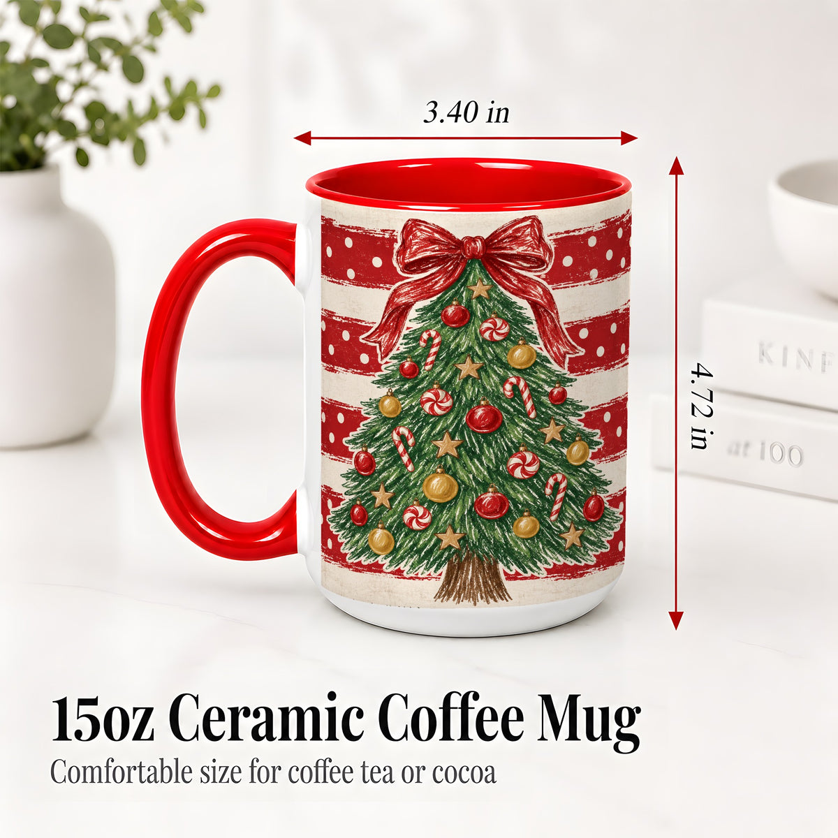 #pl[15oz|Red] Vintage Christmas Tree Ceramic Mug, Red Stripe Holiday Design