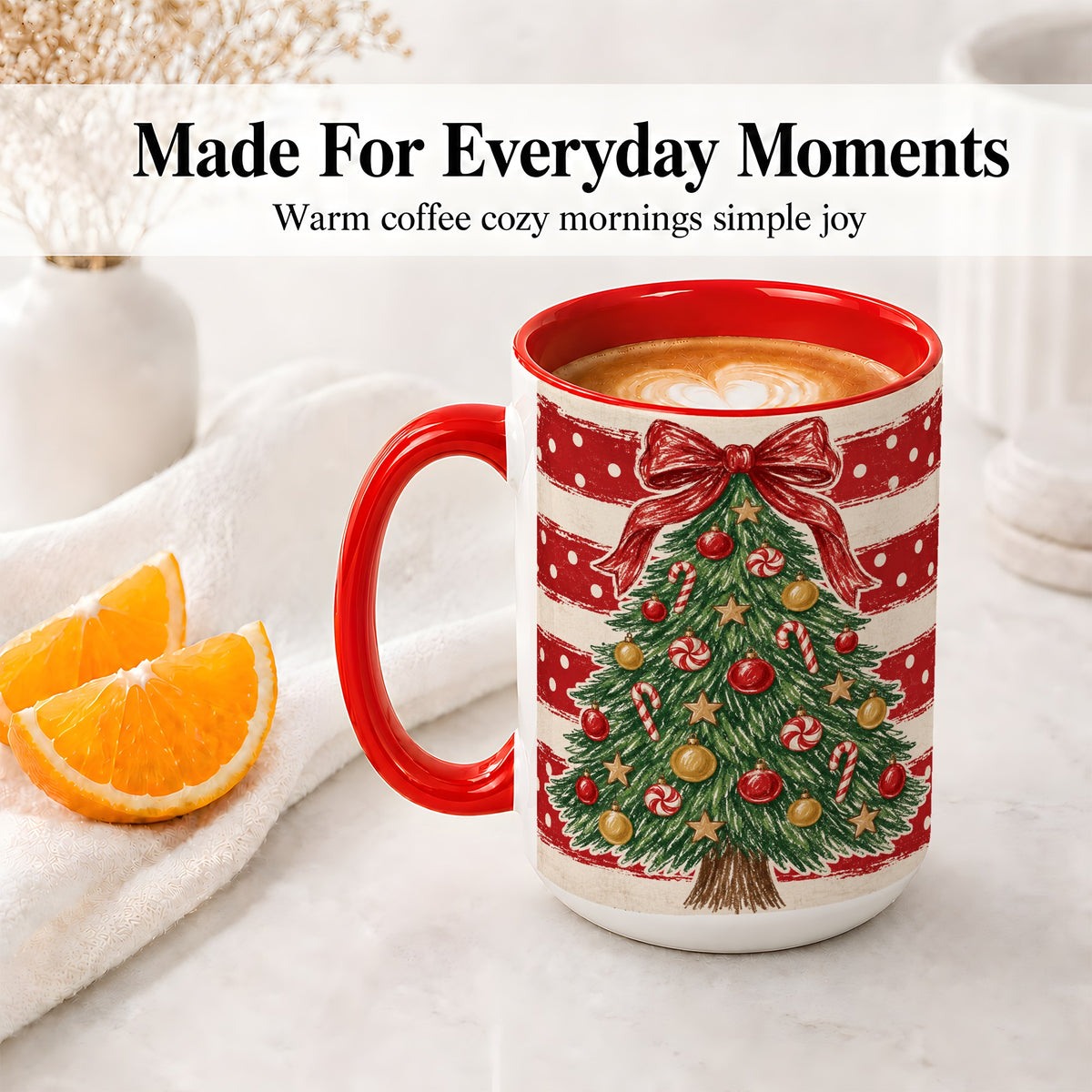 #pl[15oz|Red] Vintage Christmas Tree Ceramic Mug, Red Stripe Holiday Design
