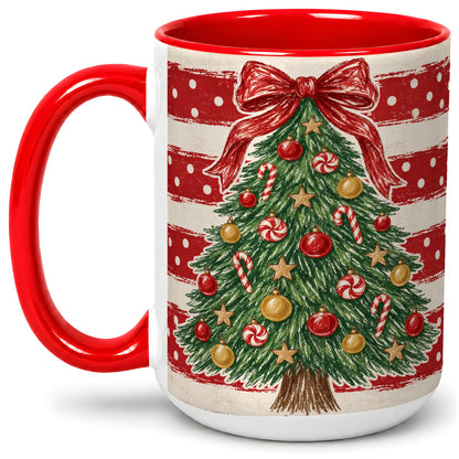 #pl[15oz|Red] Vintage Christmas Tree Ceramic Mug, Red Stripe Holiday Design