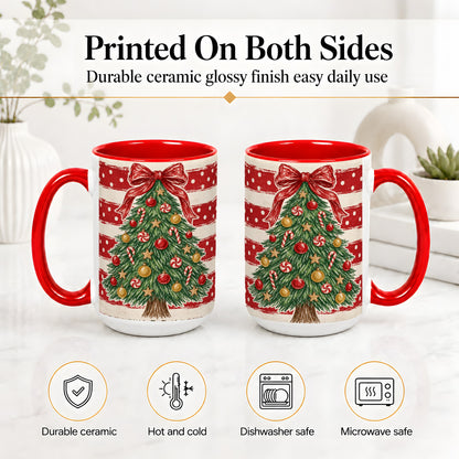 #pl[15oz|Red] Vintage Christmas Tree Ceramic Mug, Red Stripe Holiday Design