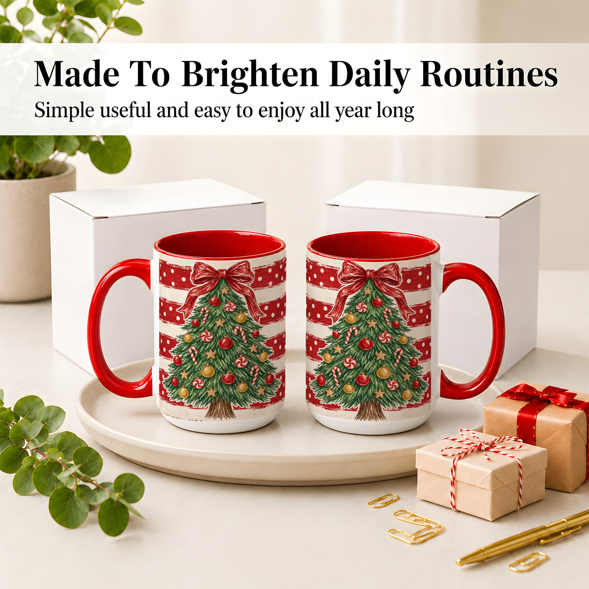 #pl[15oz|Red] Vintage Christmas Tree Ceramic Mug, Red Stripe Holiday Design