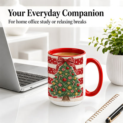 #pl[15oz|Red] Vintage Christmas Tree Ceramic Mug, Red Stripe Holiday Design