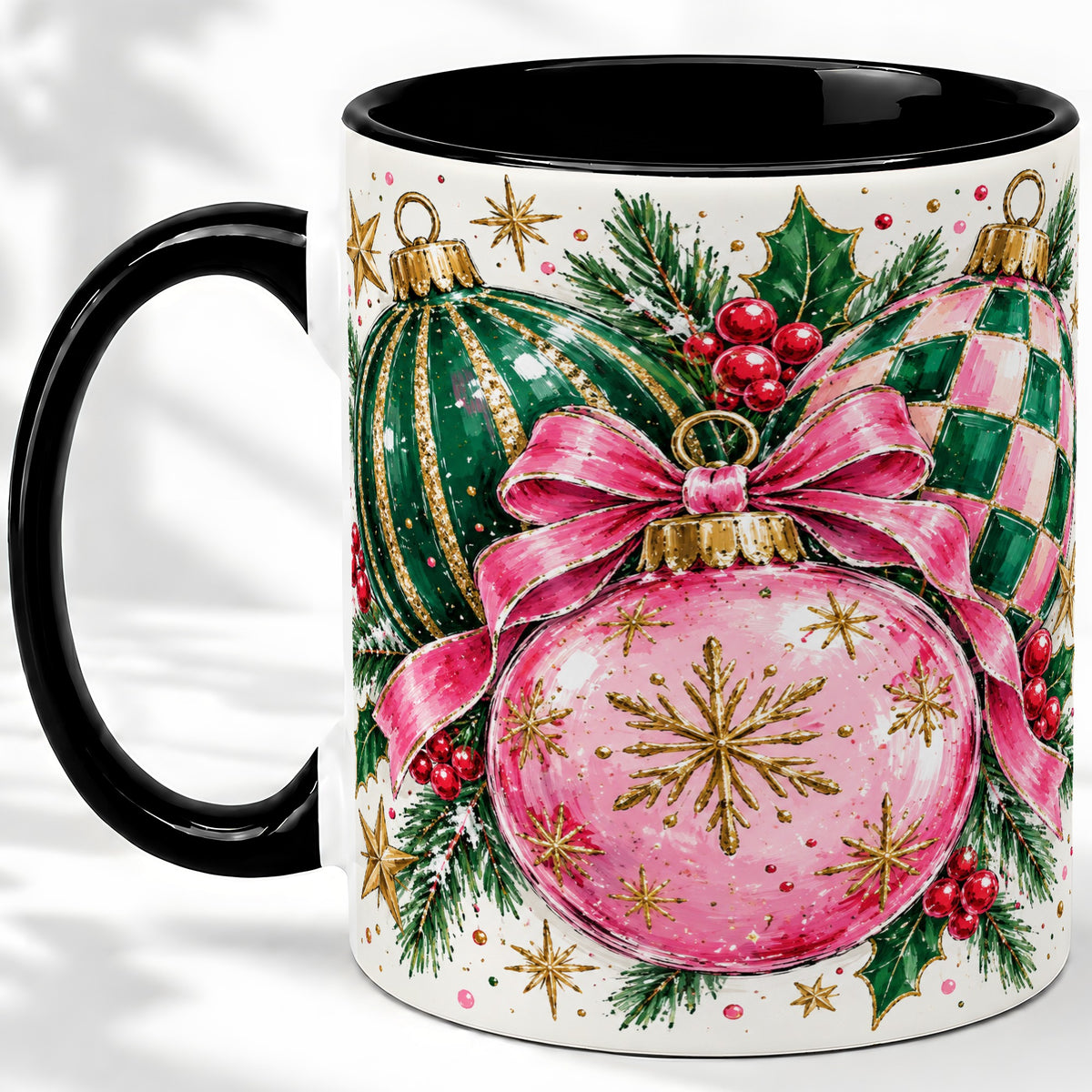 #pl[11oz|Black] Pink Christmas Ornaments Ceramic Mug, Bow and Holly Holiday Design