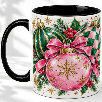 #pl[11oz|Black] Pink Christmas Ornaments Ceramic Mug, Bow and Holly Holiday Design