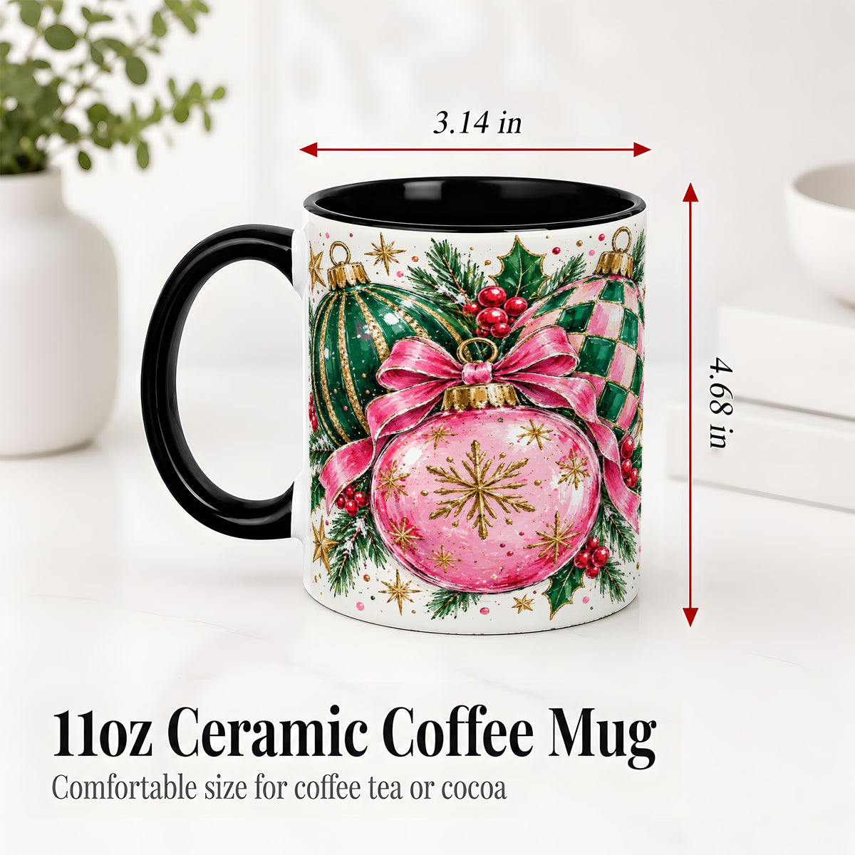 #pl[11oz|Black] Pink Christmas Ornaments Ceramic Mug, Bow and Holly Holiday Design