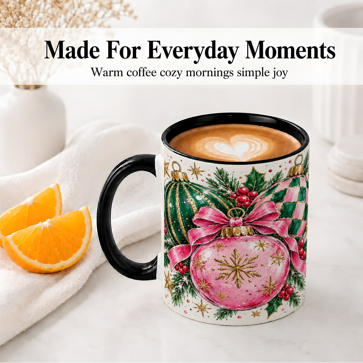 #pl[11oz|Black] Pink Christmas Ornaments Ceramic Mug, Bow and Holly Holiday Design