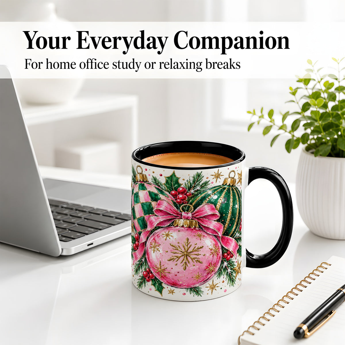 #pl[11oz|Black] Pink Christmas Ornaments Ceramic Mug, Bow and Holly Holiday Design