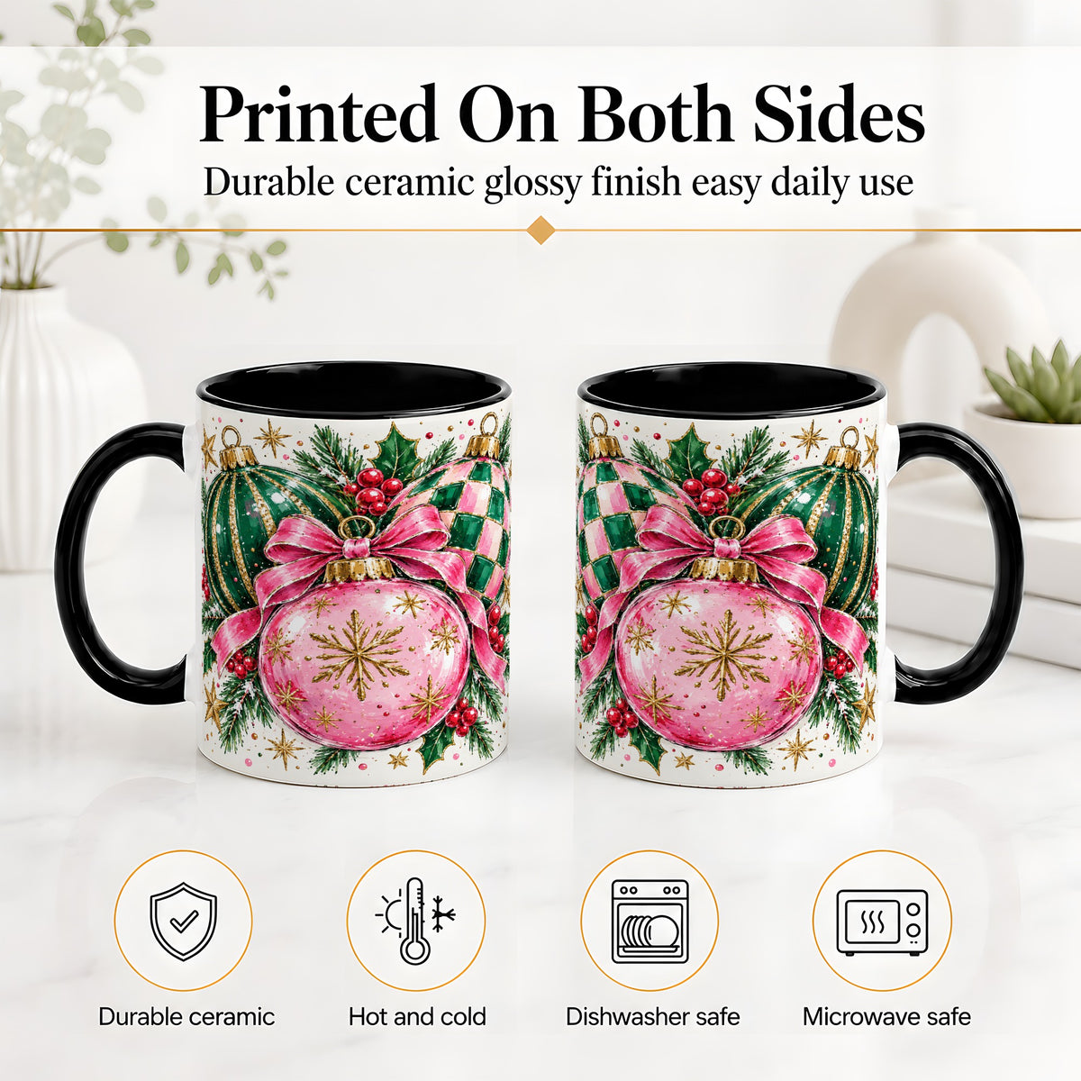 #pl[11oz|Black] Pink Christmas Ornaments Ceramic Mug, Bow and Holly Holiday Design